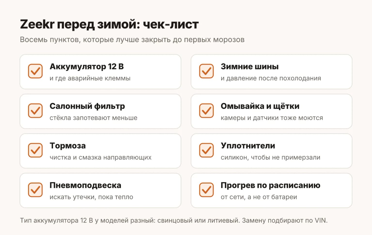 Чек-лист владельца Zeekr перед зимой: аккумулятор 12 В, шины, салонный фильтр, омывайка, тормоза, уплотнители, пневма и прогрев по расписанию