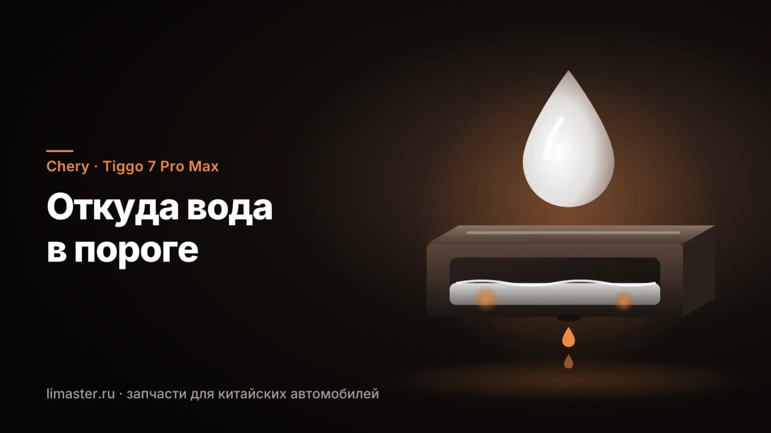 Вода в пороге Chery Tiggo 7 Pro Max: порог в разрезе с водой внутри и каплей из сливного отверстия