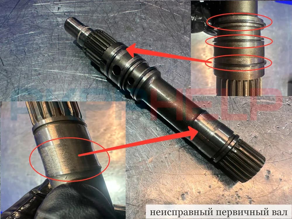Первичный (входной) вал вариатора QR025 Chery Tiggo 8 после разрушения втулки насоса: красным обведены повреждённые участки. Фото: сервис AKPPHELP, akpphelp.ru